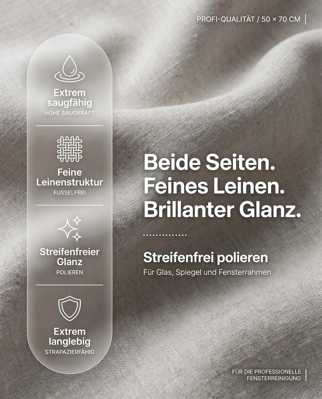 Beidseitig nutzbar: feines Leinen für brillanten, streifenfreien Glanz auf Glas, Spiegeln und Fensterrahmen.